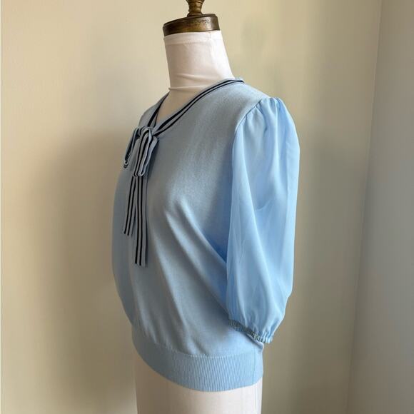 NANETTE LEPORE TIE NECK SWEATER SHEER PUFF SLEEVES LIGHT BLUE SMALL - Picture 5 of 9